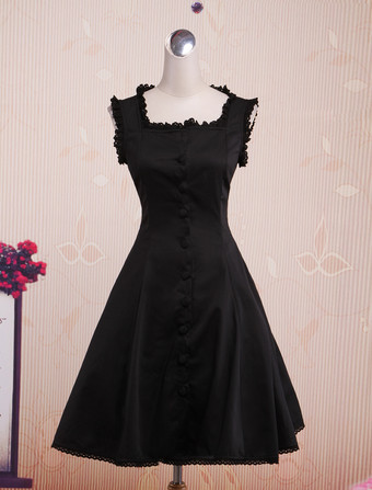Lolitashow Quadrado de algodão preto clássico pescoço Lolita Jumper saia 