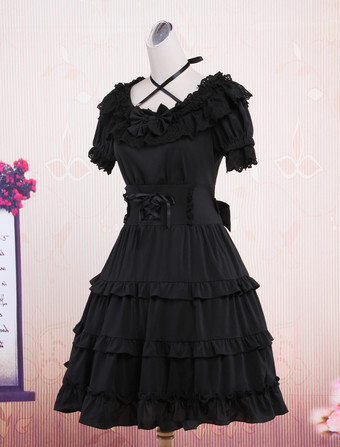 ゴスロリ　ロリータワンピース　ブラック　スクエアネック　ティアド　半袖　クラシック＆トラディション　洋服　お茶会