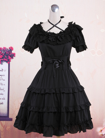 Lolitashow Klassisches schwarzes kurzen Ärmeln Baumwolle Lolita Kleid
