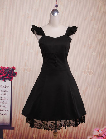 Lolitashow Vestido negro de lolita con tirantes de estilo clásico  