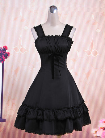 Lolitashow Vestido negro de lolita de algodón con tirantes de estilo clásico 