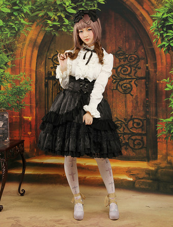 Lolitashow Gothic Style Black Ruffles Jacquard Lolita Skirts