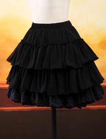 ゴスロリ　ブラック　シフォン　ロリータスカート　レイヤー　フリルレース　トリム　アイドル衣装