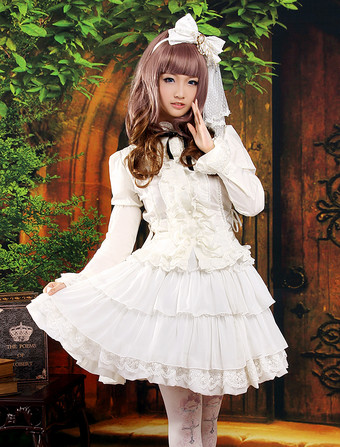 Lolitashow Classic White Long Sleeves Layered Chiffon Lolita Outfits 