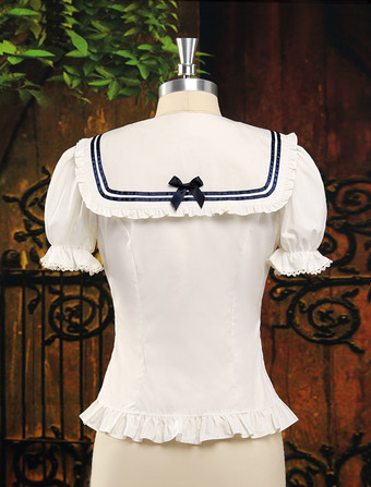 【高評価】ロリータブラウス　ホワイト　ショートスリーブ　リボン　コットン１００％
