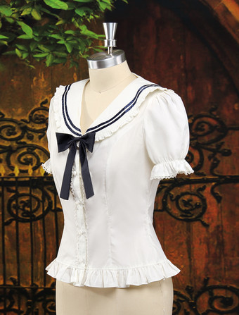 【高評価】ロリータブラウス　ホワイト　ショートスリーブ　リボン　コットン１００％