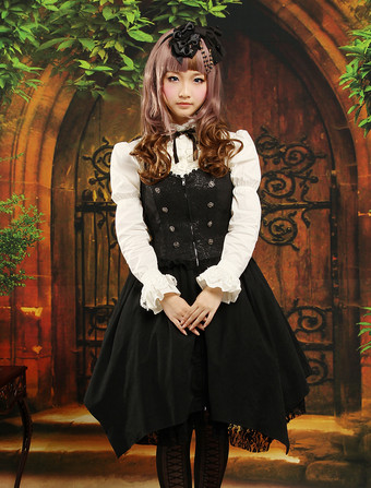 Lolitashow Gothic Black Halter Drawstring Jacquard Lolita Jumper Skirt