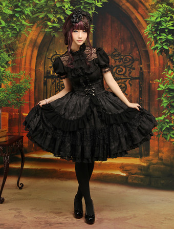 Lolitashow Gothic Lolita Outfit Black 2 Piece Set Lace Ruffle High Waist Skirt With Blouse