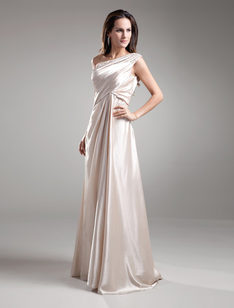 結婚式 母親ドレス 弾性サテン シャンパン ミセスドレス フォーマル ウェディングパーティードレス Aライン ノースリーブ お呼ばれ 謝恩会 成人式 二次会 ワンショルダー 結婚式ドレス ロング丈