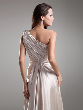 結婚式 母親ドレス 弾性サテン シャンパン ミセスドレス フォーマル ウェディングパーティードレス Aライン ノースリーブ お呼ばれ 謝恩会 成人式 二次会 ワンショルダー 結婚式ドレス ロング丈