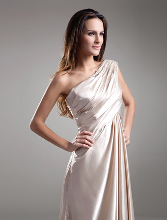 結婚式 母親ドレス 弾性サテン シャンパン ミセスドレス フォーマル ウェディングパーティードレス Aライン ノースリーブ お呼ばれ 謝恩会 成人式 二次会 ワンショルダー 結婚式ドレス ロング丈