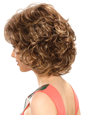 ブラウン　合成　カーリー　女性用　ミディアムウィッグ