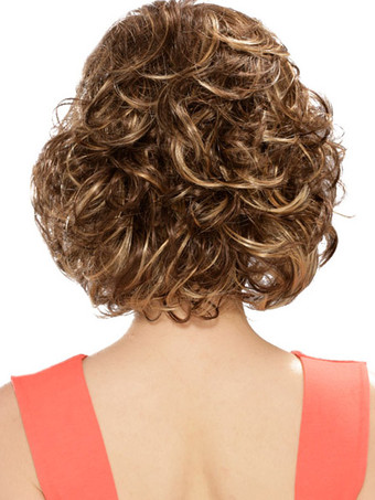 ブラウン　合成　カーリー　女性用　ミディアムウィッグ
