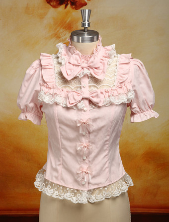 Lolitashow Dandy Pink Detachable Long Sleeves Cotton Blend Lolita Shirt 