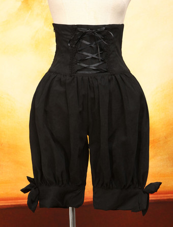 Lolitashow Black Cotton Lolita Shorts Lace Up Shirring Bows Lolita Pants