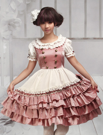 Lolitashow Elegant Pink White Lolita One-piece Dress Lace Trim Layered Ruffles