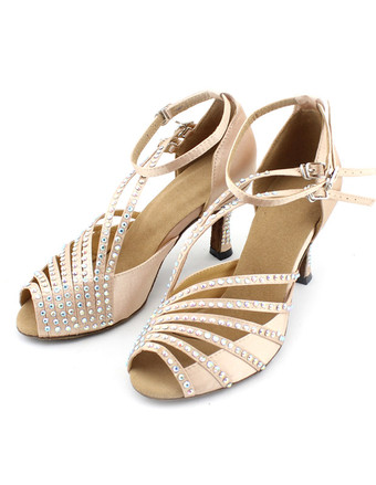 レディースダンスシューズ，ラテンダンスシューズ　ヌードカラー　7.5cm　ピープトゥ　美脚　疲れにくい　社交ダンスシューズ　滑り防止　