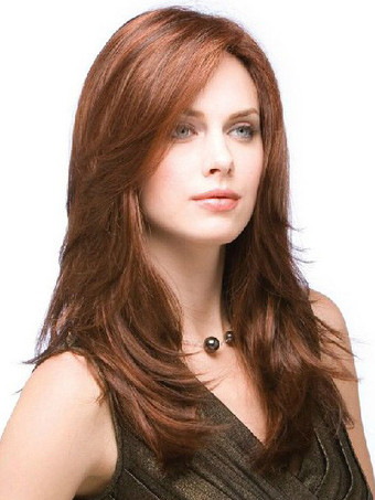 マホガニー　ミディアム　横分け　耐熱性繊維　ミディアムウィッグ　女性用　