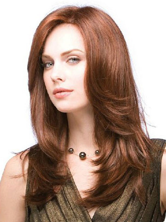 マホガニー　ミディアム　横分け　耐熱性繊維　ミディアムウィッグ　女性用　