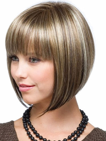 自然　亜麻色　センター分け　耐熱性繊維　女性用　ショートウィッグ　