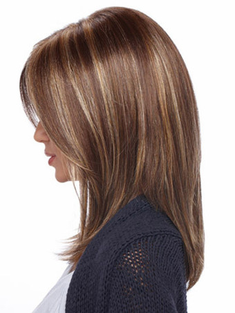 亜麻色　横分け　伝統的　耐熱性繊維　女性用　ミディアムウィッグ　