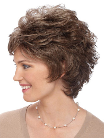 栗茶色の耐熱性繊維の巻き毛の魅力的な女性の短いかつら