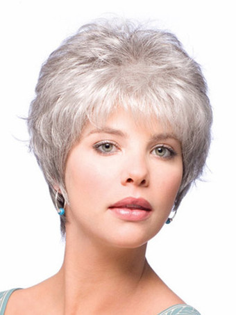 Woman Short Wig Tousled Curly Heat Resistant Fiber Silver Wig