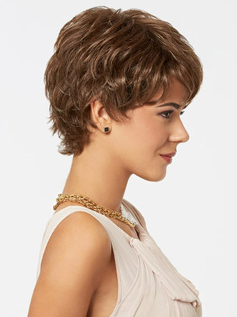 薄い茶色の合成ウィッグ2025年の女性は短い縮毛のかつらを重ねた