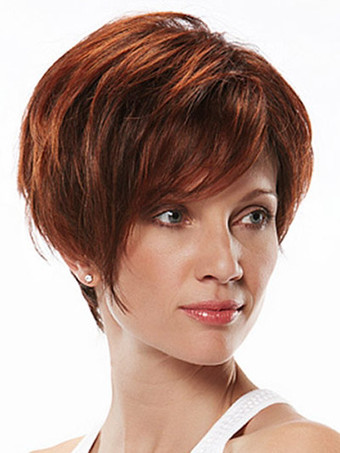 魅力的　マホガニー　横分け　耐熱性繊維　女性用　ショートウィッグ　