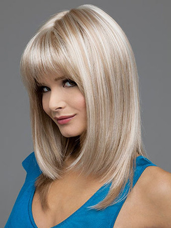 Светлые волосы Парики 2024 женщин прямые средней длины синтетические парики с Bangs