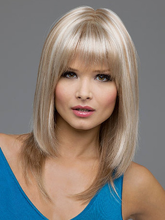 ファッション　ゴールド　センター分け　セクシー　耐熱性繊維　ミディアムウィッグ　女性用　