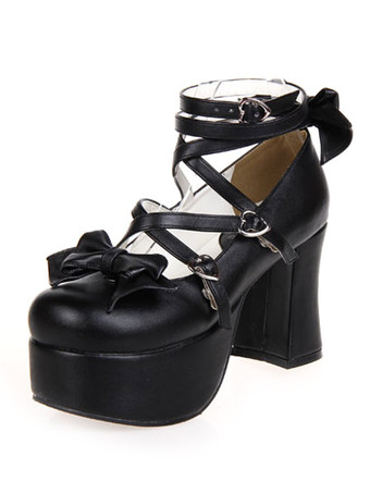 ロリィタシューズ　ブラック　プラットフォーム　リボン柄　ストリートウェア　丸いつま先　PU　