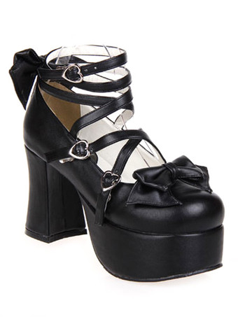ロリィタシューズ　ブラック　プラットフォーム　リボン柄　ストリートウェア　丸いつま先　PU　