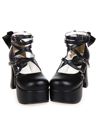 Strappy nera rotonda Toe Leather piattaforma Lolita Shoes 