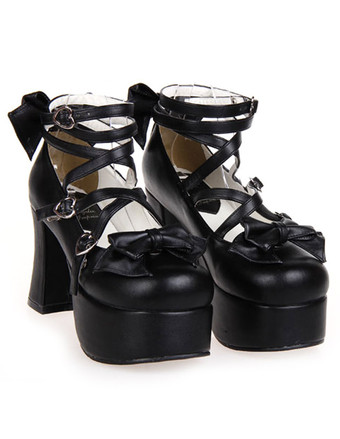 ロリィタシューズ　ブラック　プラットフォーム　リボン柄　ストリートウェア　丸いつま先　PU　