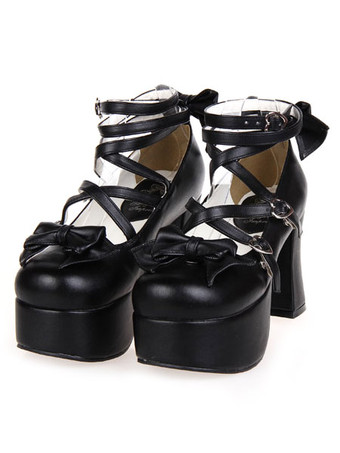 ロリィタシューズ　ブラック　プラットフォーム　リボン柄　ストリートウェア　丸いつま先　PU　