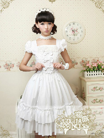 Lolitashow Pure Cotton Sweet Loltia One-piece Dress Square Neck Bows Layers Ruffles