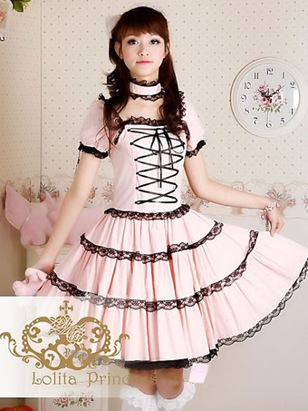 Vestido lolita doce OP Princesa rosa em camadas de renda de algodão vestido lolita de uma peça