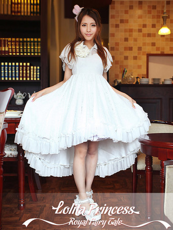 Lolitashow Sweet White Chiffon Lace Lolita One-piece Dress Short Sleeves Swallow Tail Design