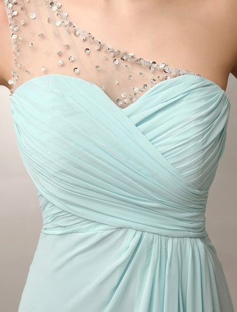 パーティードレス　ミントグリーン　シースライン　ワンショルダー　フロアレングス　ノースリーブ　