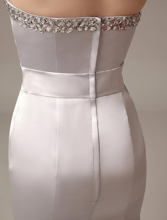 イブニングドレス ハートカットネック 格安オケージョンドレス マーメイドライン パーティードレス シルバー サテン ファスナー トレーン付き ノースリーブ フォーマルドレス 演奏会ドレス 結婚式 二次会ドレス 発表会 ナチュラルウェストライン ウェディング リボン