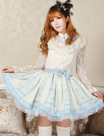 Lolitashow Elegant Blue Lace Bow Lolita Skirt 