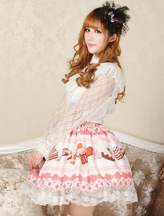 甘いピンクロリータショートスカート　2025　ケーキアイスクリームプリント　レース　トリム　アイドル衣装