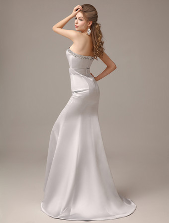 イブニングドレス ハートカットネック 格安オケージョンドレス マーメイドライン パーティードレス シルバー サテン ファスナー トレーン付き ノースリーブ フォーマルドレス 演奏会ドレス 結婚式 二次会ドレス 発表会 ナチュラルウェストライン ウェディング リボン