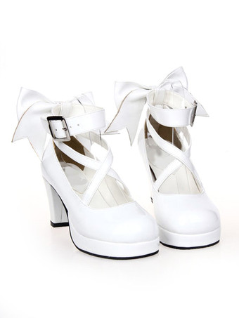ロリィタ靴　ホワイト　アンクルストラップ　リボン　チャンキーヒール　PU