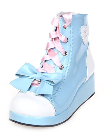 ロリィタブーツ　ショートブーツ　ライトスカイブルー　ウェッジヒール　レースアップ　リボン