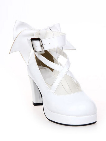 ロリィタ靴　ホワイト　アンクルストラップ　リボン　チャンキーヒール　PU
