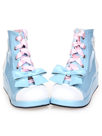 ライトスカイブルーロリィタブーツ　ショートブーツ　ライトスカイブルー　ウェッジヒール　レースアップ　リボン