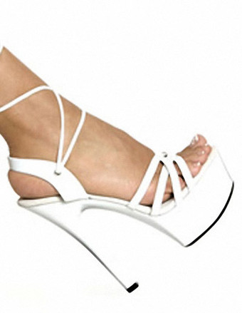 ホワイト レディース靴，サンダル　アンクルストラップ　15cm　プラットフォーム　スティレットヒール　PU　