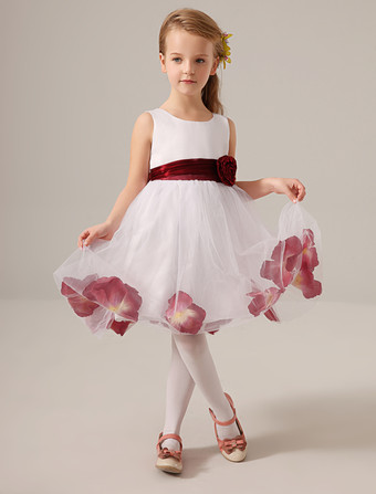 White Jewel Neck Knee-Length Flower Tulle Flower Girl Dress 